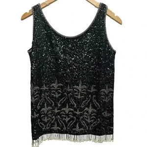 Hand Full Fashioned Gorgeous Silver & Black Hand Beaded Wool Tank Zip Up Back
M